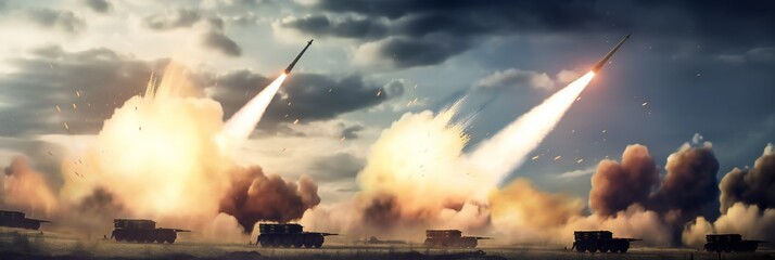 panoramic view of a generic military battalion defence system shooting missiles during a special operation - obrazy, fototapety, plakaty