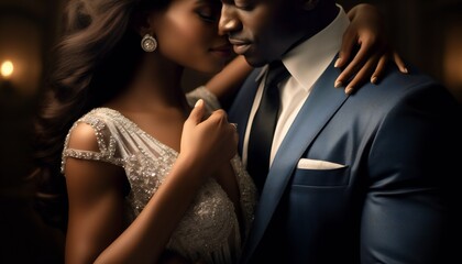 Passionate african couple in love in elegant evening dresses, woman with wedding ring on his finger. - Powered by Adobe