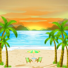 Fototapeta na wymiar Summer beach with palm trees, illustration background