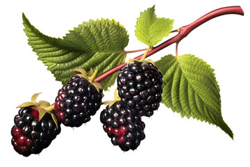 Fresh and ripe mulberries with green leaves isolated on transparent Background