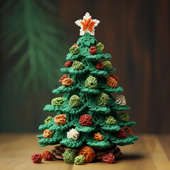 Small crochet Christmas tree, closeup - obrazy, fototapety, plakaty