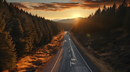 Aerial view of asphalt road going through autumn forest with coniferous trees in sunset time in nature, AI Generative
