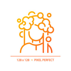 2D pixel perfect woman with foam hair wash gradient icon, isolated vector, haircare thin line simple orange illustration.