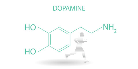 Chemical structure of dopamine on white background, with a runner. Chemical concept of happiness.