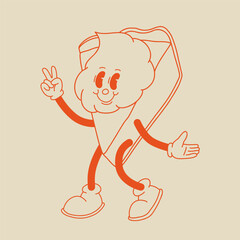 Funny Retro cartoon Pumpkin Character in groovy 50s, 60s, 70s Vintage Style. Happy Autumn mascot with pumpkin spice latte, pumpkin pie, pudding, cake, cupcake, waffles, donut and coffee.