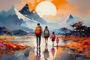 painting of a landscape with a family walking, red sky, a moon and trees, painting - obrazy, fototapety, plakaty