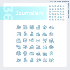 Pixel perfect blue icons set representing journalism, editable thin line illustration.