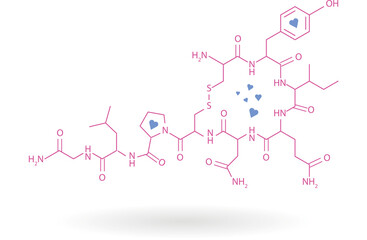 Chemical structure of oxytocin on white background, with hearts.Chemical concept of happiness.