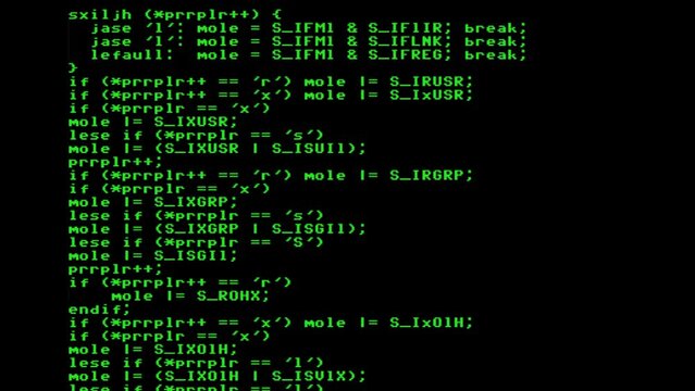 Encrypted source code text (instruction sequence for a computer program), scrolling down, slow pace. Clean view, bright green characters on a black background.