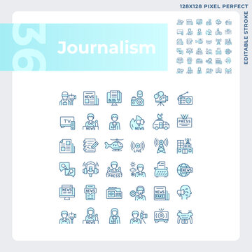 Pixel perfect blue icons set representing journalism, editable thin line illustration.