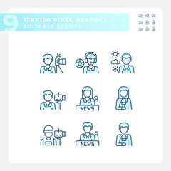 Pixel perfect icons set representing journalism, editable blue thin line illustration.