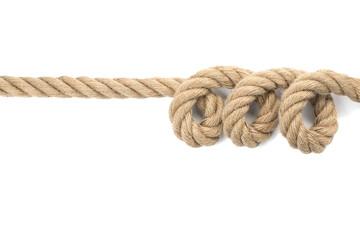 Hemp rope with loop isolated on white, top view