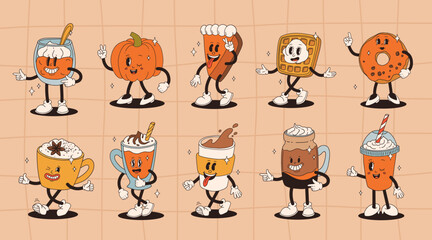 Funny Retro cartoon Pumpkin Character in groovy 50s, 60s, 70s Vintage Style. Happy Autumn mascot with pumpkin spice latte, pumpkin pie, pudding, cake, cupcake, waffles, donut and coffee.