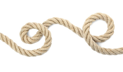 Hemp rope with loop isolated on white, top view