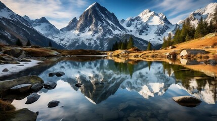 Rugged mountains reflecting in a tranquil alpine lake
