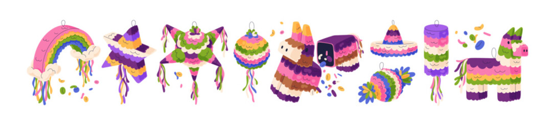 Pinata with sweets, Mexican holiday toys set. Funny paper animals, star decorations with candies for Mexico party, traditional festival. Flat graphic vector illustrations isolated on white background