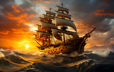 A barque ship floats in the middle of the sea in the waves of the setting sun. - obrazy, fototapety, plakaty