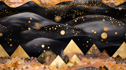 Seamless pattern of vintage line drawing of golden night landscape on beautiful circle and triangular shape background. Oriental style texture of gray gold and pink gold with abstract pattern.