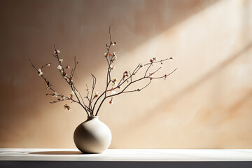 Minimalist Elegance Clay Vase with Blossom Twig, Concrete Floor, and Beige Stucco Wall—a Modern Living Room's Home Decor Masterpiece. created with Generative AI
