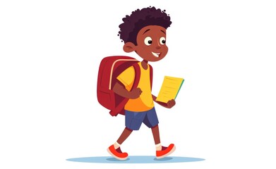 Cute african american schoolboy walking with backpack and book. Vector cartoon illustration