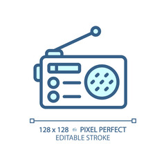 2D pixel perfect editable blue radio icon, isolated vector, thin line illustration representing journalism.