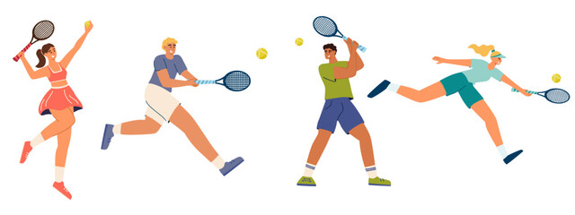Set of men and women playing tennis. Collection of athletes and sportswomen in dressed sportswear holding rackets and hitting a ball, isolated on a white background. Flat cartoon vector illustration.