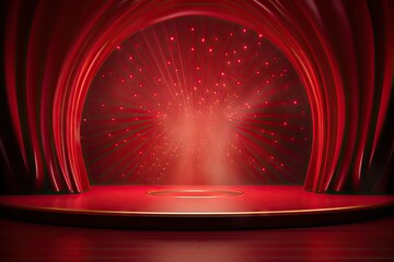 Dramatic prelude. Red curtain and spotlight. Stage of elegance. Classic theater setting. Art of performance. Velvet curtains and drama - obrazy, fototapety, plakaty