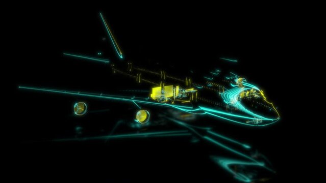 render 3D animation of the model airplane on a black background future technology screen