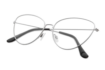 Stylish glasses with metal frame isolated on white