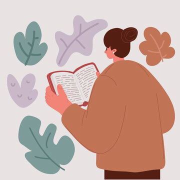 Vector illustration of Back rear view woman reading the book.