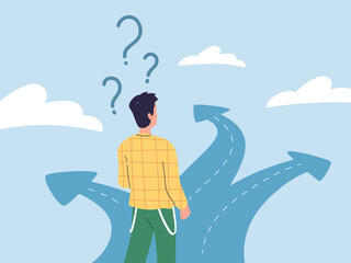 Path select. Decisive or uncertain businessman with questions choosing way direction of future career scenario, alternative paths choice on crossroad concept vector illustration - obrazy, fototapety, plakaty