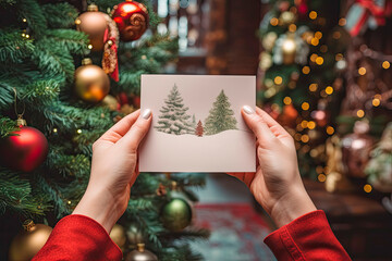 First person view photo of hands holding a christmas greeting card in front of a xmas tree.. Wish you a merry christmas postcard.