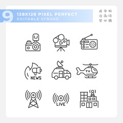 Pixel perfect black icons representing journalism, editable thin line illustration set.