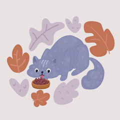 Vector illustration of feline cat eating on a metal bowl. Cute domestic animal.