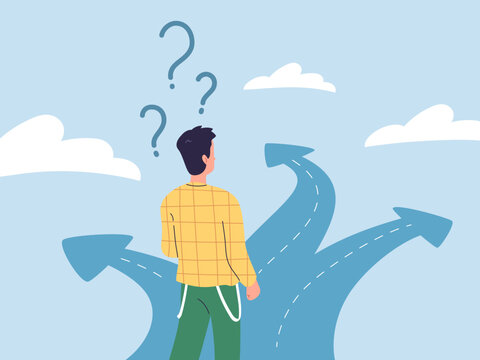 Path select. Decisive or uncertain businessman with questions choosing way direction of future career scenario, alternative paths choice on crossroad concept vector illustration