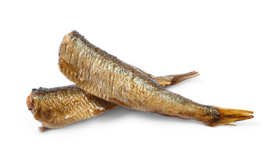 Two tasty smoked sprats isolated on white