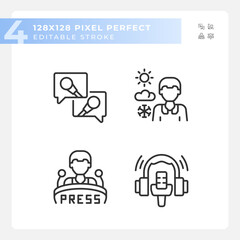 2D pixel perfect black icons set representing journalism, editable thin linear illustration.