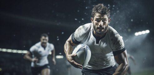 Fototapeta na wymiar Portrait of a rugby player running with ball in stadium. Sports concept.