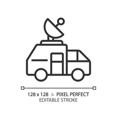 2D pixel perfect editable black news satellite van icon, isolated vector, thin line illustration representing journalism.