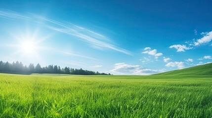 Obraz premium Beautiful summer landscape with green meadow and blue sky with clouds