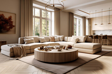 Minimalist Living Studio Apartment Showcasing Beige Sofa and Pouf in Modern Living Room Home Interior Design. created with Generative AI