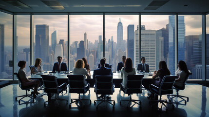 Fototapeta premium Cooperation. a group of businessmen in a large modern office at a round table in search of new approaches for their business. Generative Ai