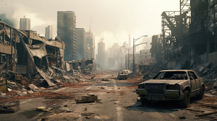 Post-Apocalyptic Desolation: Ruined Cityscape with Decimated Buildings, Burnt-Out Vehicles, and Shattered Roads. - obrazy, fototapety, plakaty