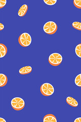 Orange fruits slices, seamless pattern design. Tropical summer texture, endless background. Sweet citrus repeating print for fabric, textile, wrapping, wallpaper. Colorful flat vector illustration