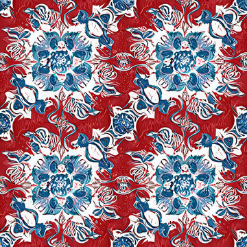 seamless pattern with flowers red blue pattern, Ai generated 