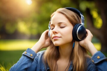 woman listening to music at park