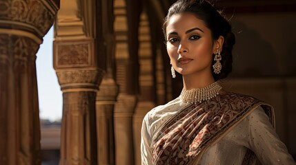 Model dressed in traditional cultural attire, set against historical architecture