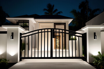 Modern style front gate in modern style house in the dark night