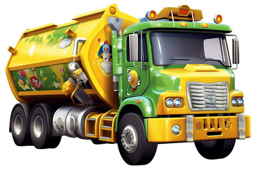 Recycling truck collecting waste materials from residential area in eco-friendly city isolated on transparent background