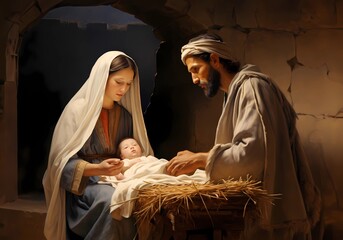 Krippendarstellung Weihnachten mit Maria, Josef und Christkind, Geburt Jesu, erstellt mit generativer KI	 - 643538059